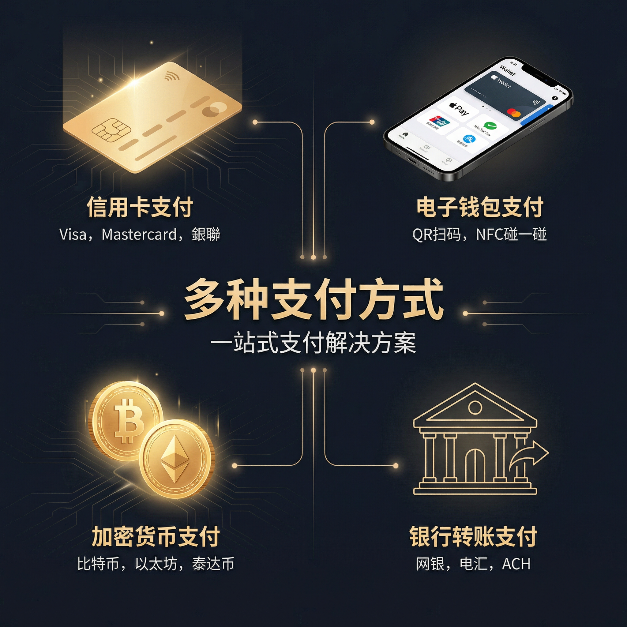 多种支付方式 - 信用卡、电子钱包、银行转账